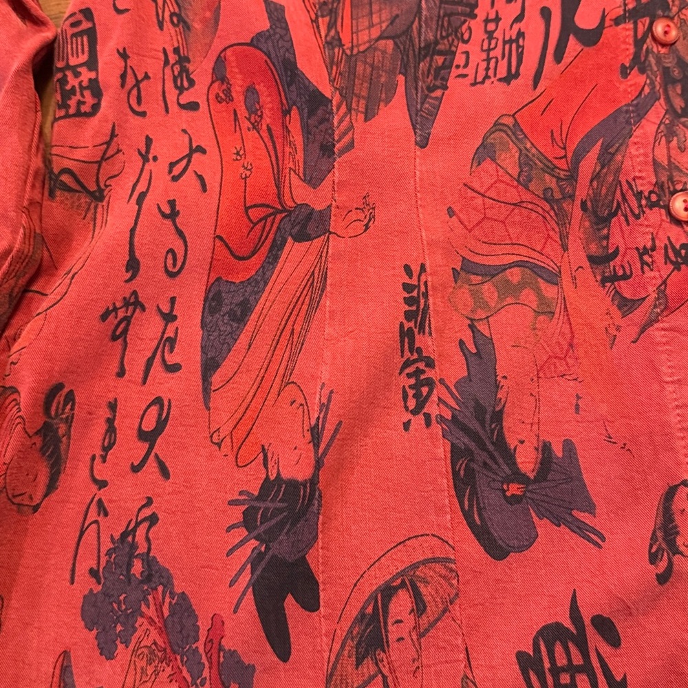 Vintage Women's Large Red Asian Inspired Button Down Shirt - Picture 2 of 11